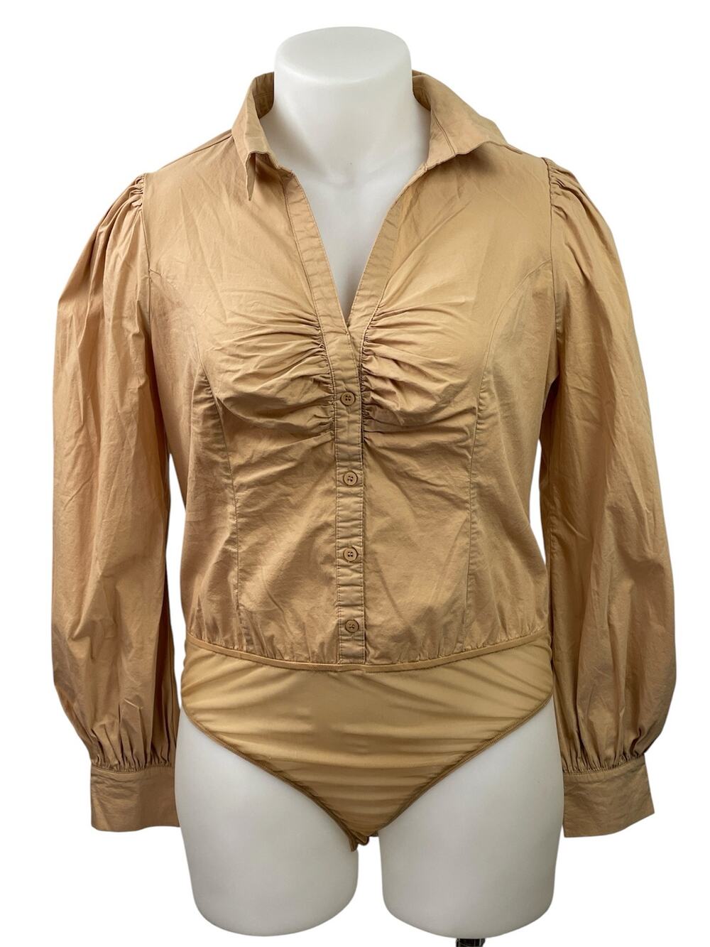 Fashion Nova Women's Tan Long Balloon Sleeve Button Down Shirt Bodysuit Top 1X